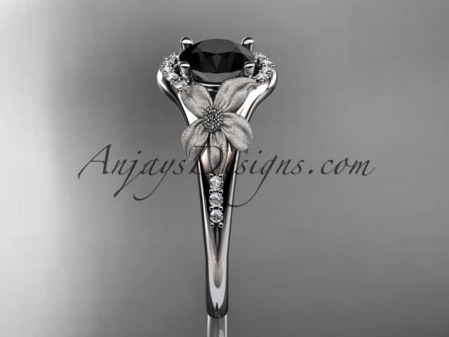 14kt white gold diamond leaf and vine wedding ring, engagement ring with a Black Diamond center stone ADLR91 - AnjaysDesigns