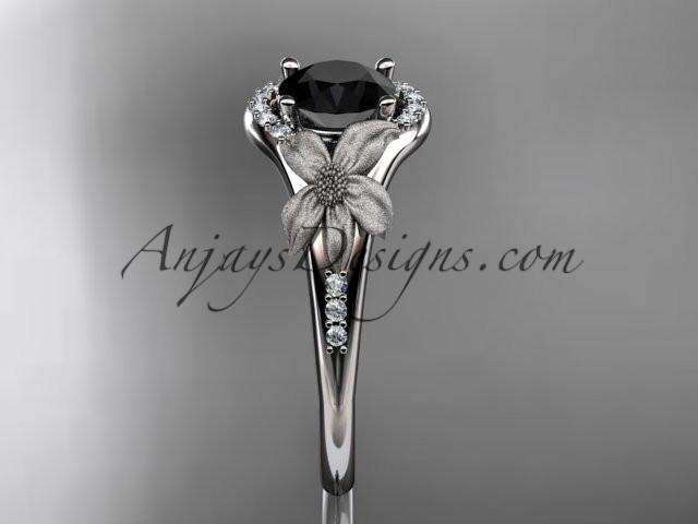 platinum diamond leaf and vine wedding ring, engagement ring with a Black Diamond center stone ADLR91 - AnjaysDesigns