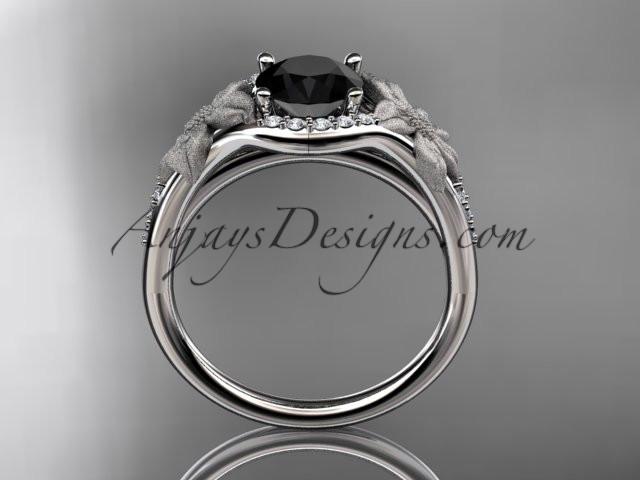 platinum diamond leaf and vine wedding ring, engagement ring with a Black Diamond center stone ADLR91 - AnjaysDesigns