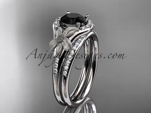 platinum diamond leaf and vine wedding ring, engagement set with a Black Diamond center stone ADLR91S - AnjaysDesigns