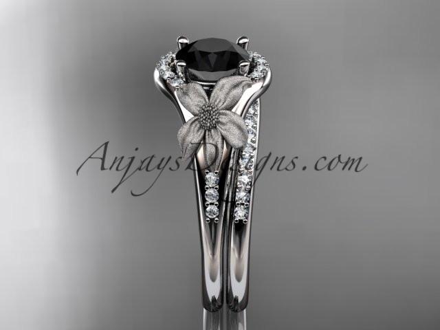 14kt white gold diamond leaf and vine wedding ring, engagement set with a Black Diamond center stone ADLR91S - AnjaysDesigns