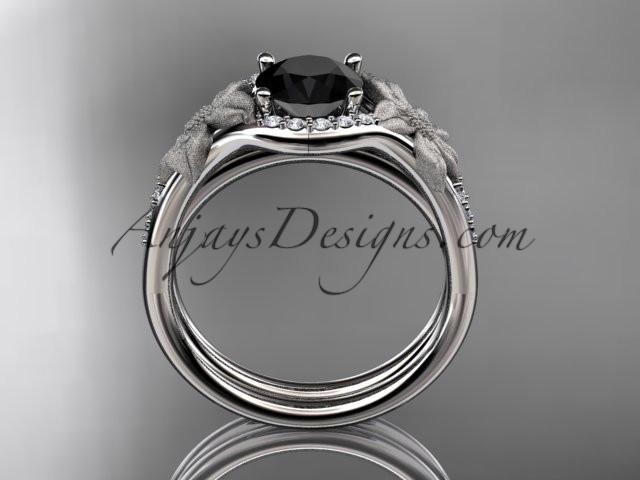 platinum diamond leaf and vine wedding ring, engagement set with a Black Diamond center stone ADLR91S - AnjaysDesigns