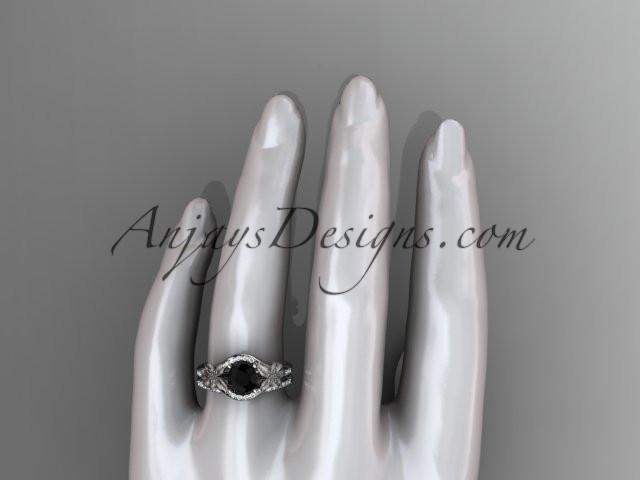 platinum diamond leaf and vine wedding ring, engagement set with a Black Diamond center stone ADLR91S - AnjaysDesigns