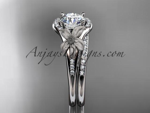 platinum diamond leaf and vine wedding ring, engagement set with a "Forever One" Moissanite center stone ADLR91S - AnjaysDesigns