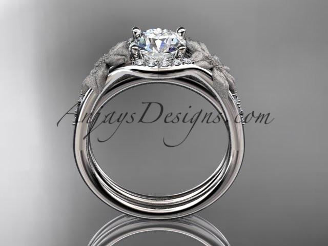 platinum diamond leaf and vine wedding ring, engagement set with a "Forever One" Moissanite center stone ADLR91S - AnjaysDesigns