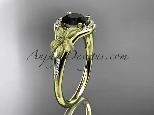 14kt yellow gold diamond leaf and vine wedding ring, engagement ring with a Black Diamond center stone ADLR91 - AnjaysDesigns