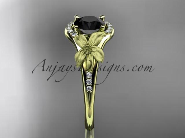 14kt yellow gold diamond leaf and vine wedding ring, engagement ring with a Black Diamond center stone ADLR91 - AnjaysDesigns