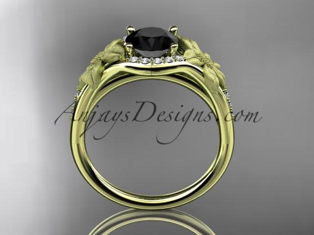 14kt yellow gold diamond leaf and vine wedding ring, engagement ring with a Black Diamond center stone ADLR91 - AnjaysDesigns