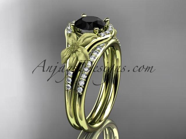 14kt yellow gold diamond leaf and vine wedding ring, engagement set with a Black Diamond center stone ADLR91S - AnjaysDesigns