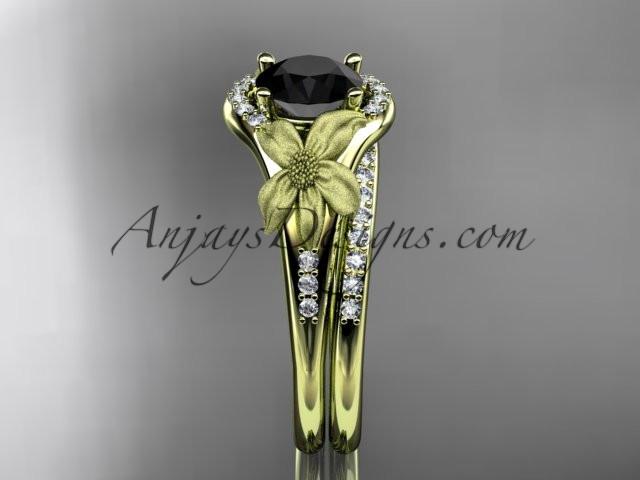 14kt yellow gold diamond leaf and vine wedding ring, engagement set with a Black Diamond center stone ADLR91S - AnjaysDesigns