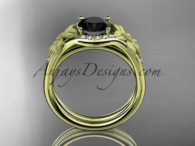 14kt yellow gold diamond leaf and vine wedding ring, engagement set with a Black Diamond center stone ADLR91S - AnjaysDesigns