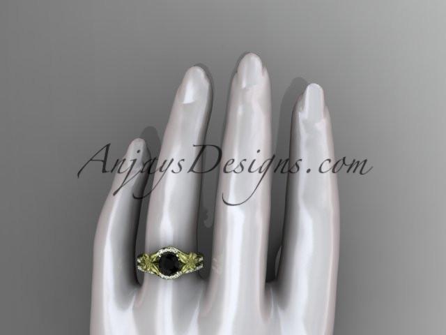 14kt yellow gold diamond leaf and vine wedding ring, engagement set with a Black Diamond center stone ADLR91S - AnjaysDesigns