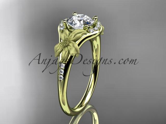 14kt yellow gold diamond leaf and vine wedding ring, engagement ring with a "Forever One" Moissanite center stone ADLR91 - AnjaysDesigns