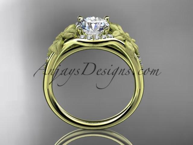 14kt yellow gold diamond leaf and vine wedding ring, engagement ring with a "Forever One" Moissanite center stone ADLR91 - AnjaysDesigns