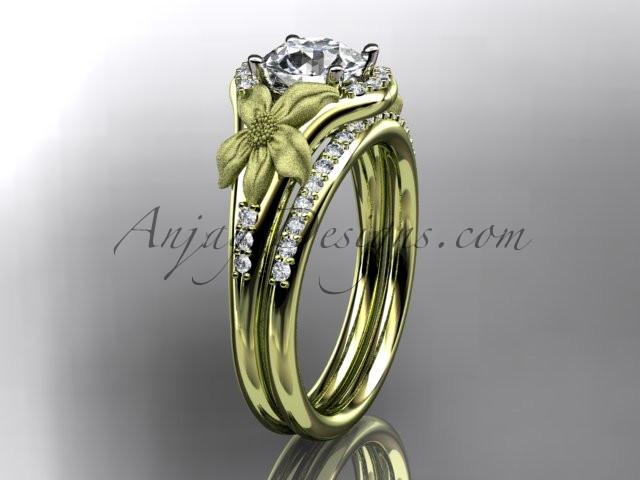 14kt yellow gold diamond leaf and vine wedding ring, engagement set with a "Forever One" Moissanite center stone ADLR91S - AnjaysDesigns