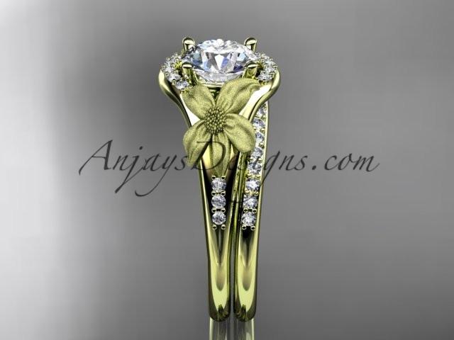 14kt yellow gold diamond leaf and vine wedding ring, engagement set with a "Forever One" Moissanite center stone ADLR91S - AnjaysDesigns