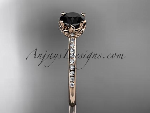14kt rose gold diamond floral wedding ring, engagement ring with a Black Diamond center stone ADLR92 - AnjaysDesigns