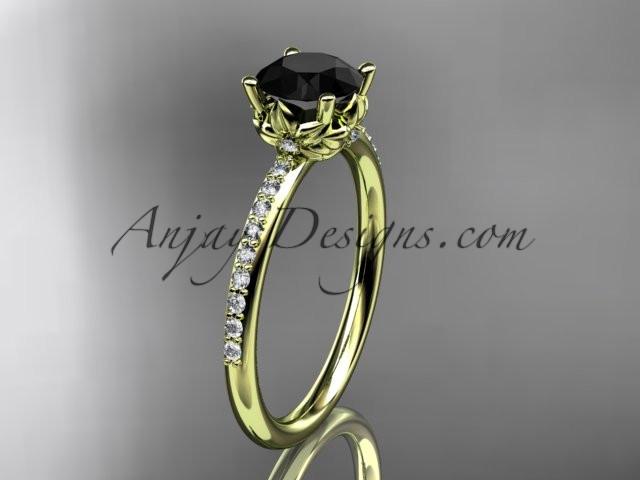 14kt yellow gold diamond floral wedding ring, engagement ring with a Black Diamond center stone ADLR92 - AnjaysDesigns