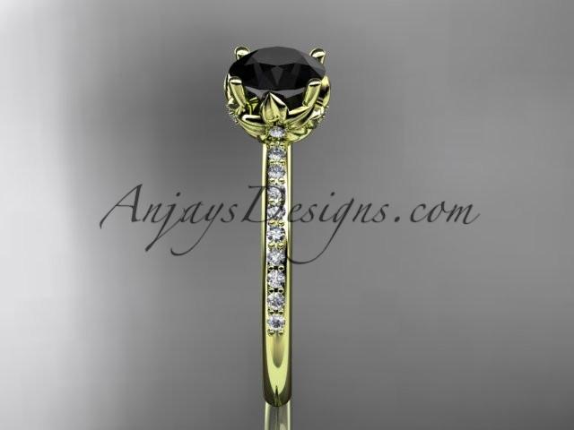 14kt yellow gold diamond floral wedding ring, engagement ring with a Black Diamond center stone ADLR92 - AnjaysDesigns