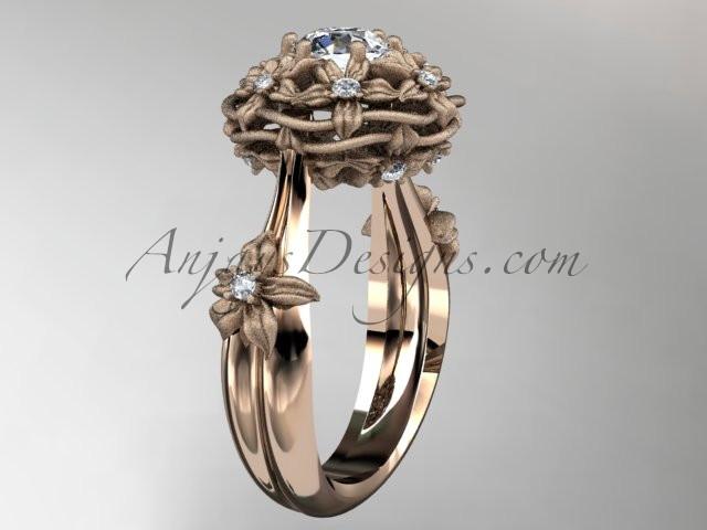 14kt rose gold diamond floral, leaf and vine \"Basket of Love\" ring with a "Forever One" Moissanite center stone ADLR94 nature inspired jewelry - AnjaysDesigns