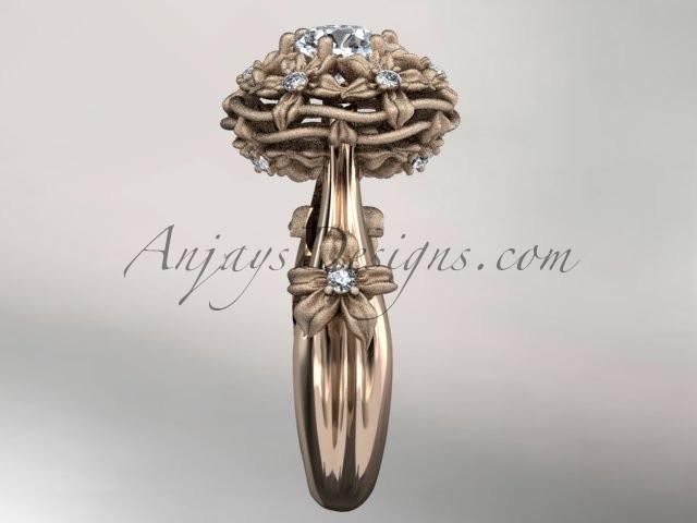 14kt rose gold diamond floral, leaf and vine \"Basket of Love\" ring with a "Forever One" Moissanite center stone ADLR94 nature inspired jewelry - AnjaysDesigns