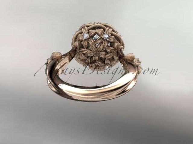 14kt rose gold diamond floral, leaf and vine \"Basket of Love\" ring with a "Forever One" Moissanite center stone ADLR94 nature inspired jewelry - AnjaysDesigns
