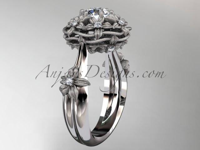 Platinum diamond floral, leaf and vine \"Basket of Love\" ring with a "Forever One" Moissanite center stone ADLR94 nature inspired jewelry - AnjaysDesigns