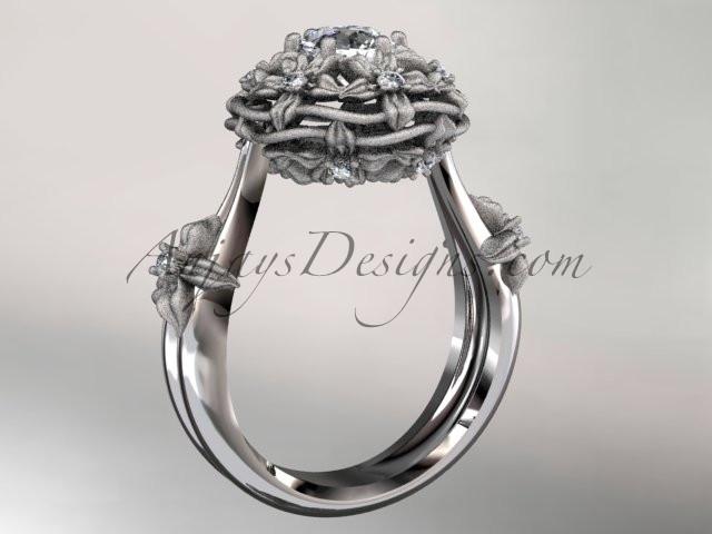 Platinum diamond floral, leaf and vine \"Basket of Love\" ring with a "Forever One" Moissanite center stone ADLR94 nature inspired jewelry - AnjaysDesigns