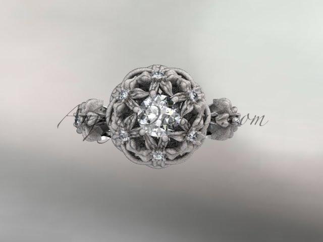 Platinum diamond floral, leaf and vine \"Basket of Love\" ring with a "Forever One" Moissanite center stone ADLR94 nature inspired jewelry - AnjaysDesigns