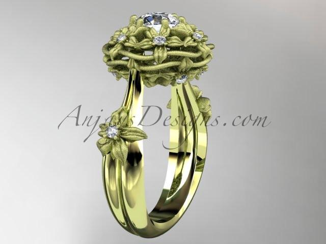 14kt yellow gold diamond floral, leaf and vine \"Basket of Love\" ring with a "Forever One" Moissanite center stone ADLR94 nature inspired jewelry - AnjaysDesigns
