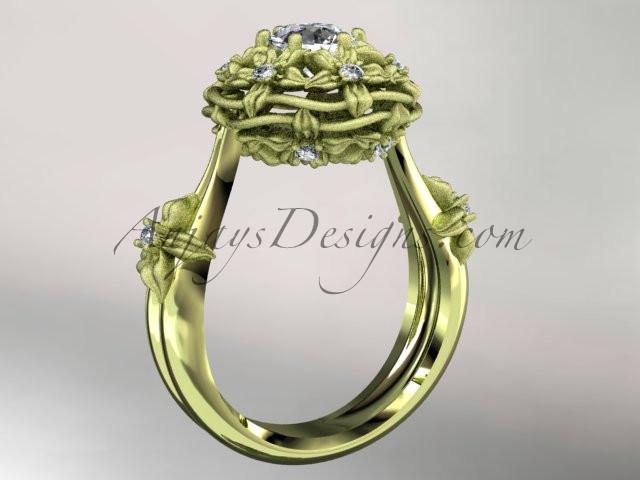 14kt yellow gold diamond floral, leaf and vine \"Basket of Love\" ring with a "Forever One" Moissanite center stone ADLR94 nature inspired jewelry - AnjaysDesigns