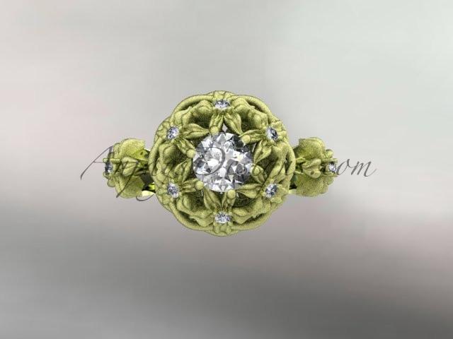 14kt yellow gold diamond floral, leaf and vine \"Basket of Love\" ring with a "Forever One" Moissanite center stone ADLR94 nature inspired jewelry - AnjaysDesigns