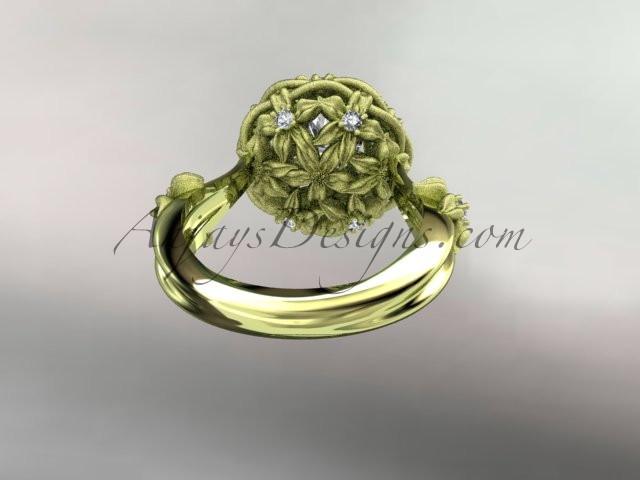 14kt yellow gold diamond floral, leaf and vine \"Basket of Love\" ring with a "Forever One" Moissanite center stone ADLR94 nature inspired jewelry - AnjaysDesigns
