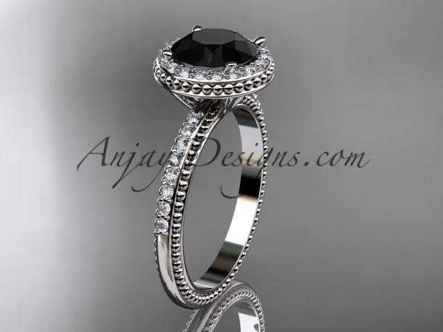 14kt white gold diamond unique engagement ring, wedding ring with a Black Diamond center stone ADER95 - AnjaysDesigns